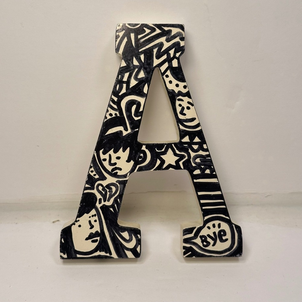 Hand Drawn Letter A Wood Sign Black White Doodle‎ Art Wall Decor